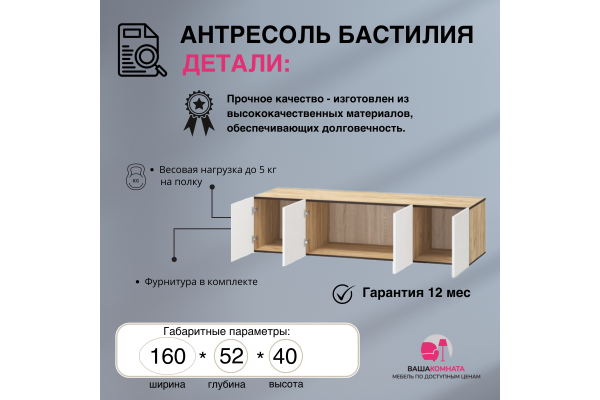 Вашакомната Антресоль Бастилия, 160х52х40 см