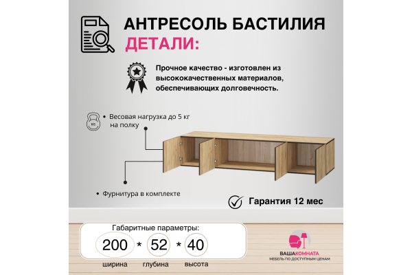 Вашакомната Антресоль Бастилия, 200х52х40 см